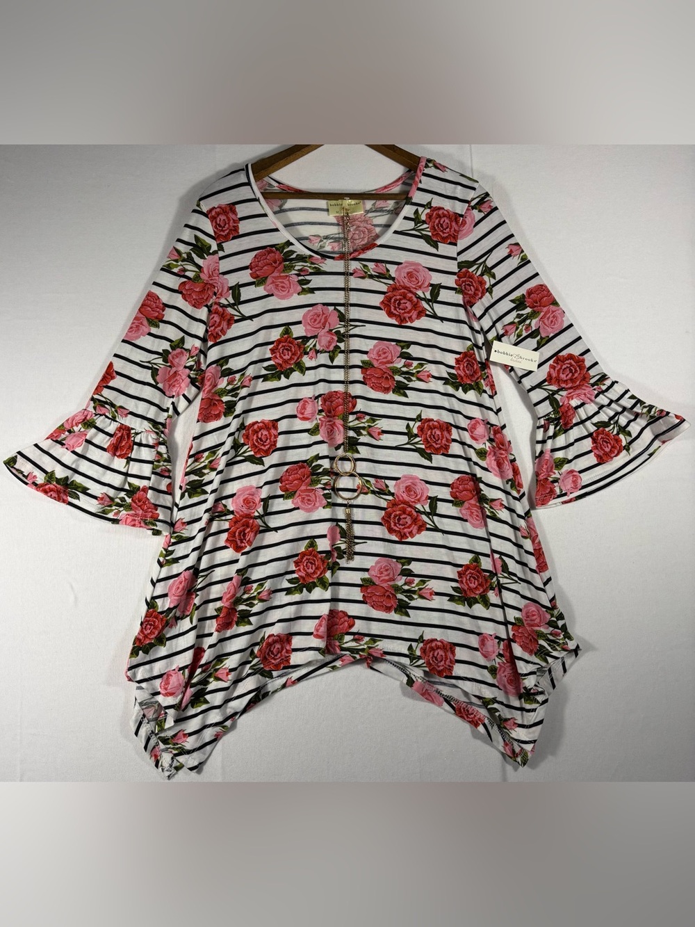 Bobbie Brooks Women’s M White Striped Tunic with Red Rose Print & Necklace